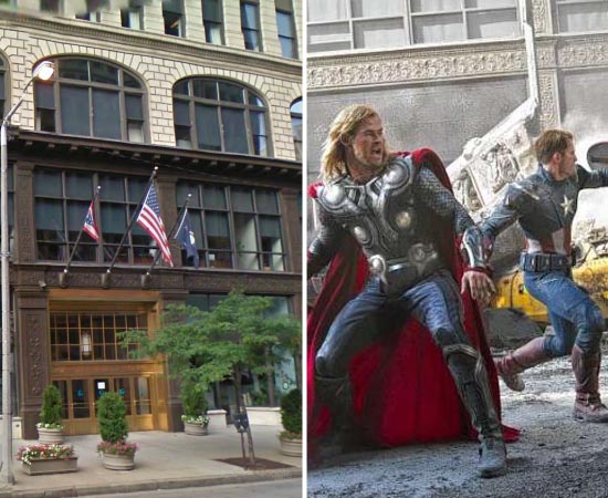 Este prédio na esquina da 9ª Rua com a Avenida Euclid, em Cleveland, Ohio (EUA), serviu de locação para a cena da batalha entre os Vingadores (2012) e os Chitauri.