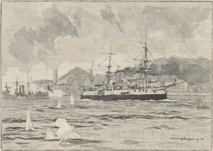 Encouraçado em batalha na Baía de Guanabara.