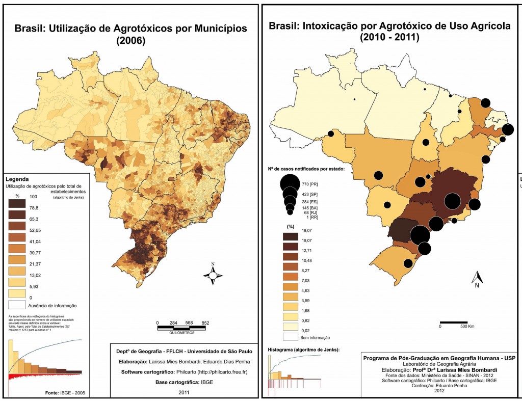 Os dois mapas do Atlas dos Agrotóxicos deixam claro que há uma correlação entre uso de agrotóxicos e casos de intoxicação.