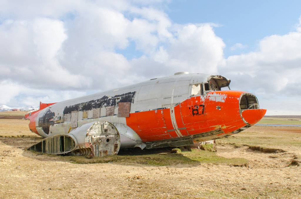 Wreck of a stranded airplane in Northeast Iceland