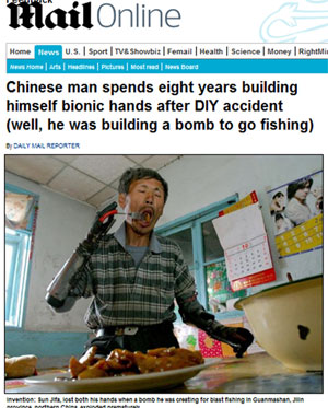 Chinês construiu próteses para sua mãos feitas de sucata