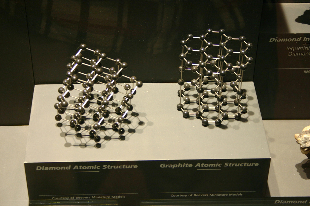 A imagem mostra como a estrutura dos átomos do diamante, em 3D, foram cubos, enquanto a do grafite molda um conjunto de hexágonos.