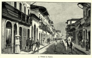 Vintage engraving of a street in Santos, Sao Paulo, Brazil. Ferdinand Hirts Geographische Bildertafeln,1886.