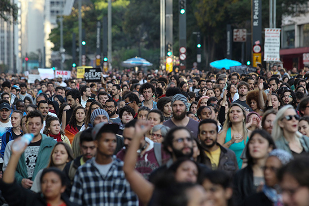 Demonstrators protest against Brazil’s President Michel Temer in Sao Paulo, Brazil