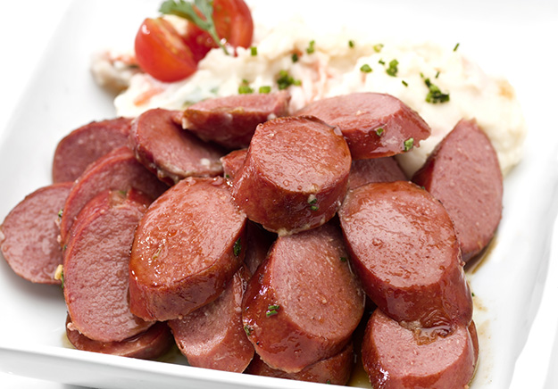 Sliced Knackwurst german sausages