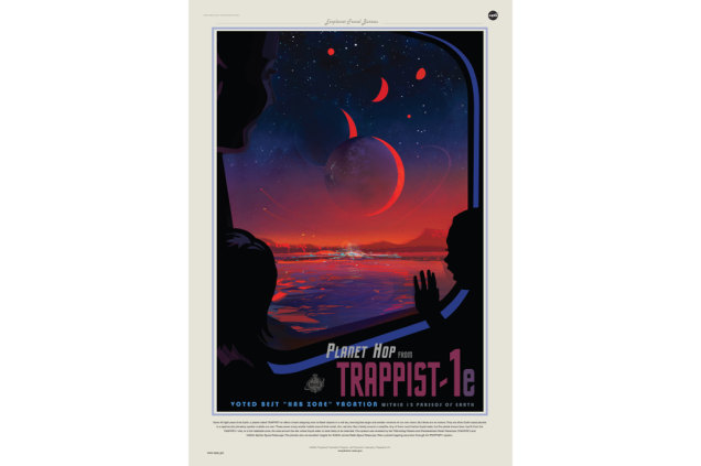 "Anúncio" para atrair visitantes ao 4º planeta mais próximo do "sol" de TRAPPIST-1. Batizado de Trappist-1e, este seria o planeta com mais probabilidade de abrigar água em estado líquido.