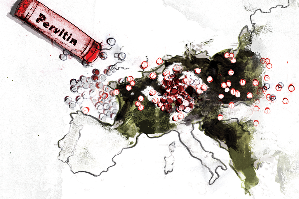 ilustração de uma embalagem de Pervitin jogada no mapa da Europa, com centenas de comprimidos