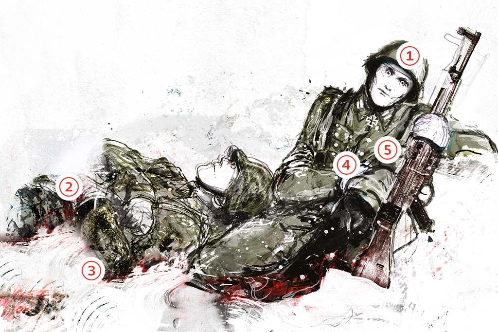 Ilustração de dois soldados caídos, alucinando. Eles estão apoiados um no outro e em suas armas.