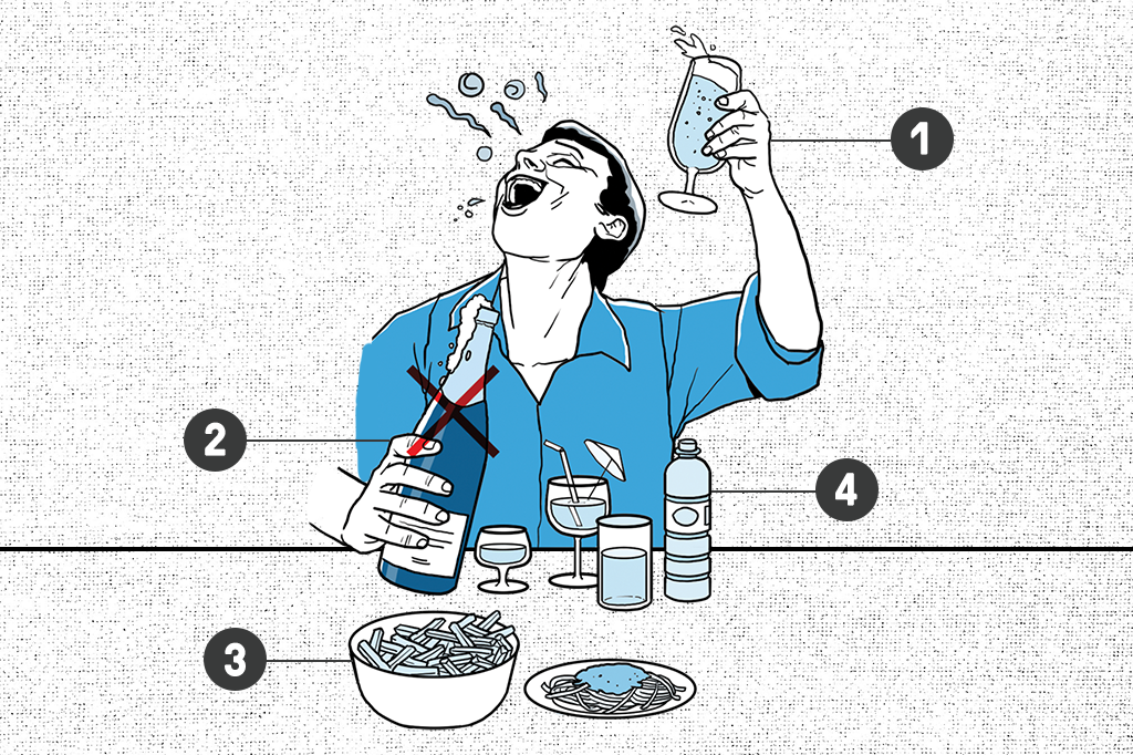 desenho de uma pessoa bebendo vários tipos de bebida: champanhe, vinho, cerveja, água