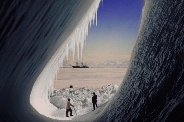 Fotografia mostra a expedição britânica Terra Nova, uma das primeiras a chegar ao Polo Sul, em 1910. Os homens morreram durante a viagem de volta.