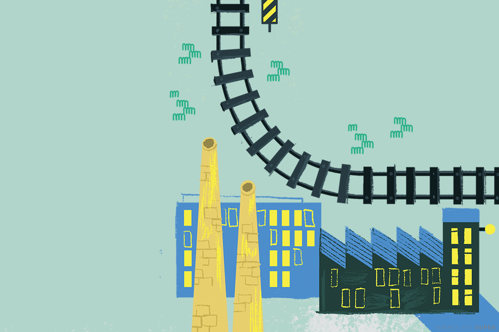 ilustração de uma linha ferroviária ao lado de uma fábrica