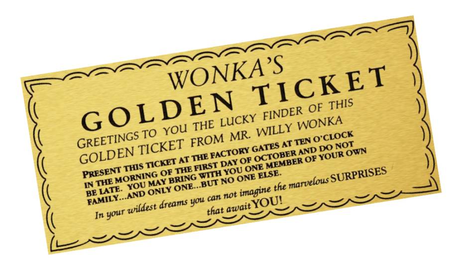 Tíquete dourado de A Fantástica Fábrica de Chocolate - Vendido por R$ 138,2 mil Tíquete dourado de A Fantástica Fábrica de Chocolate - Vendido por R$ 138,2 mil