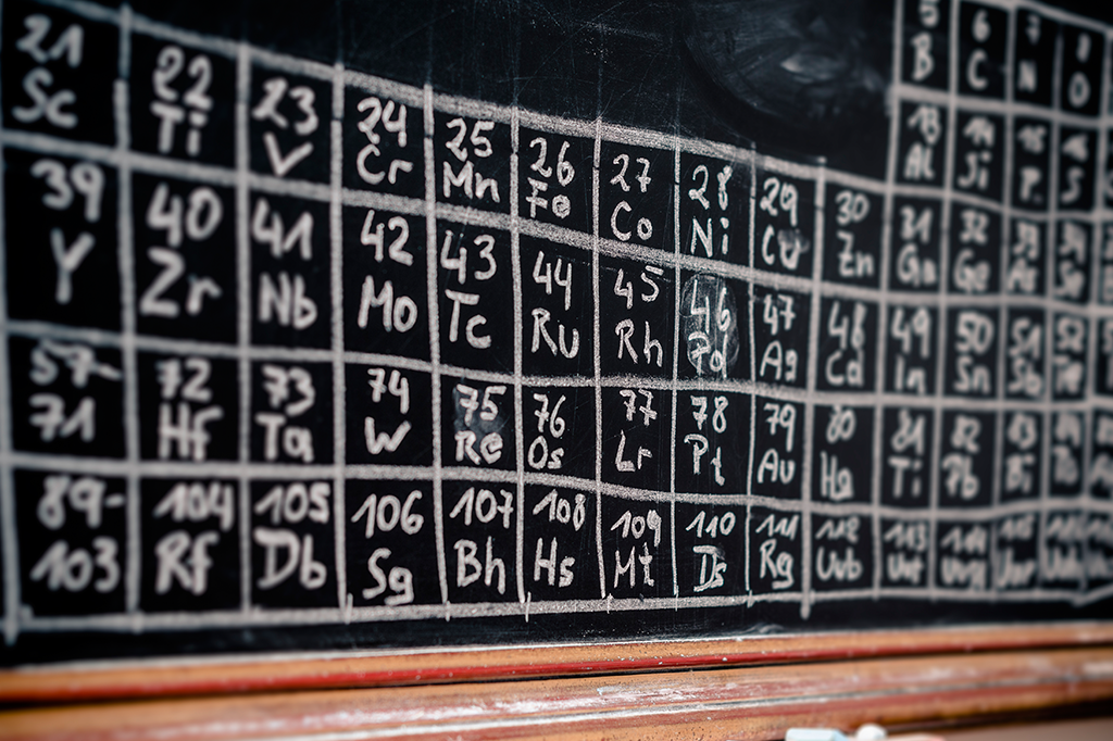 Imagem de tabela periódica desenhada em uma lousa.