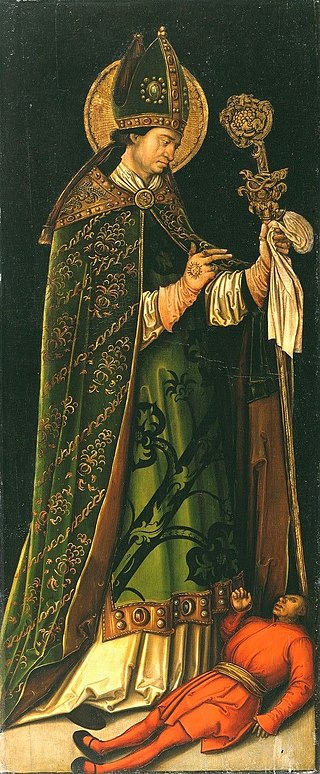 pintura de são valentim. ele está com uma roupa verde ornamentada, um cetro e uma mitra (cahpéu alto e pontiagudo)