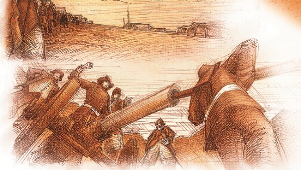 Ilustração de canhão e tropas federais brasileiras na guerra de Canudos.