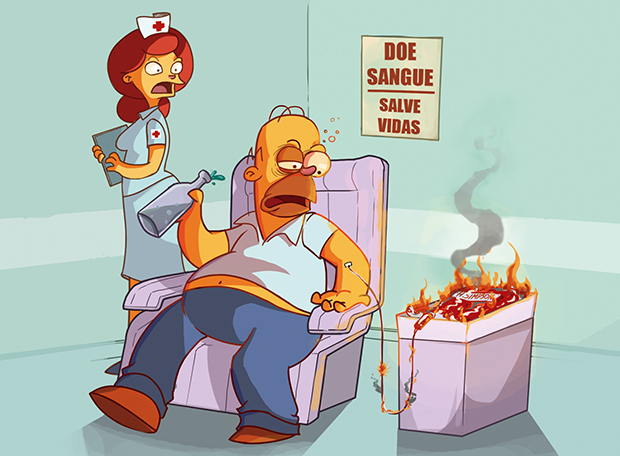 Homer bêbado doando sangue