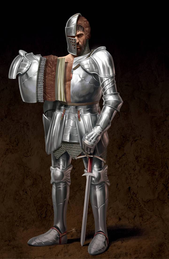 Cavaleiro medieval em armadura de prata, campo de batalha ao fundo. ia  generativa