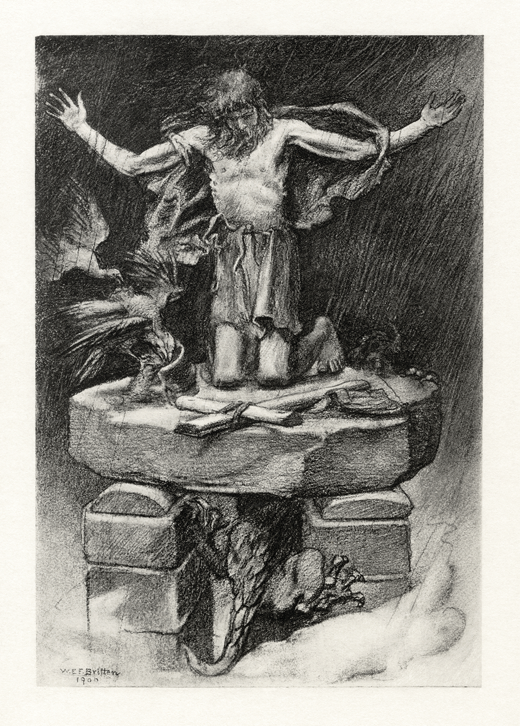 Pintura de São Simeão, ajoelhado em cima de uma mesa, junto a uma cruz.