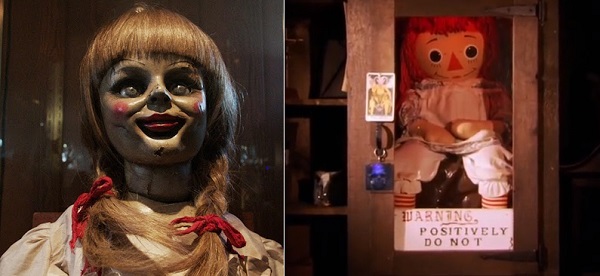 A Annabelle do filme (esquerda) e a da vida real (direita), hoje guardada no Museu do Oculto, que pertence aos Warren