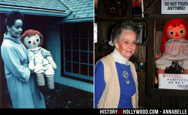 Lorraine Warren com a boneca real Annabelle nos anos 1970 e em tempos mais recentes