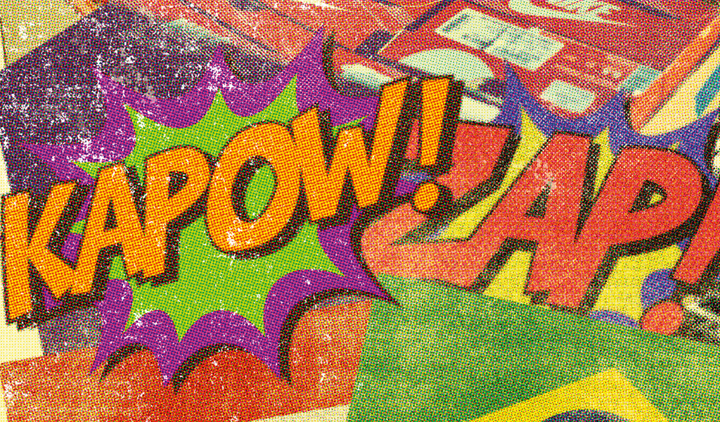 Interjeições "Kapow!" e "Zap!" no formato história em quadrinhos, estouradas e coloridas
