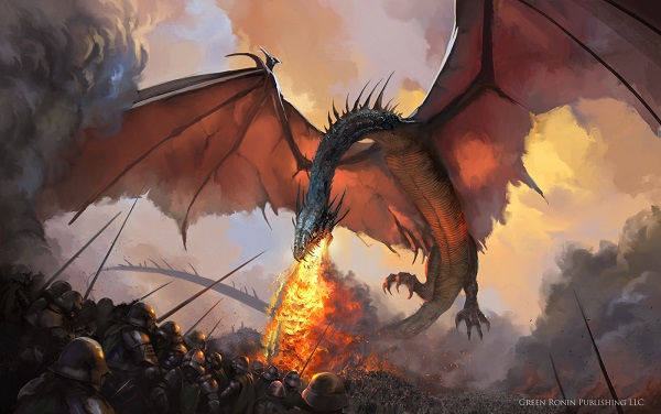 Ilustração de Balerion cuspindo fogo sob um exército