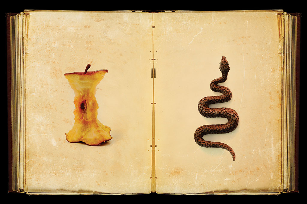 Montagem de maçã e cobra representados num livro antigo.