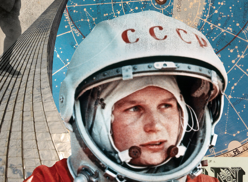 Colagem mostrando Valentina Tereshkova, a primeira mulher a ir para o espaço.