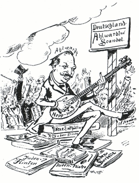 <em>Caricatura de Hermann Ahlwardt, em 1892. O texto escrito no instrumento é uma referência aos motins Hep-Hep, em que houve ataques a judeus em muitas cidades, em 1819.</em>