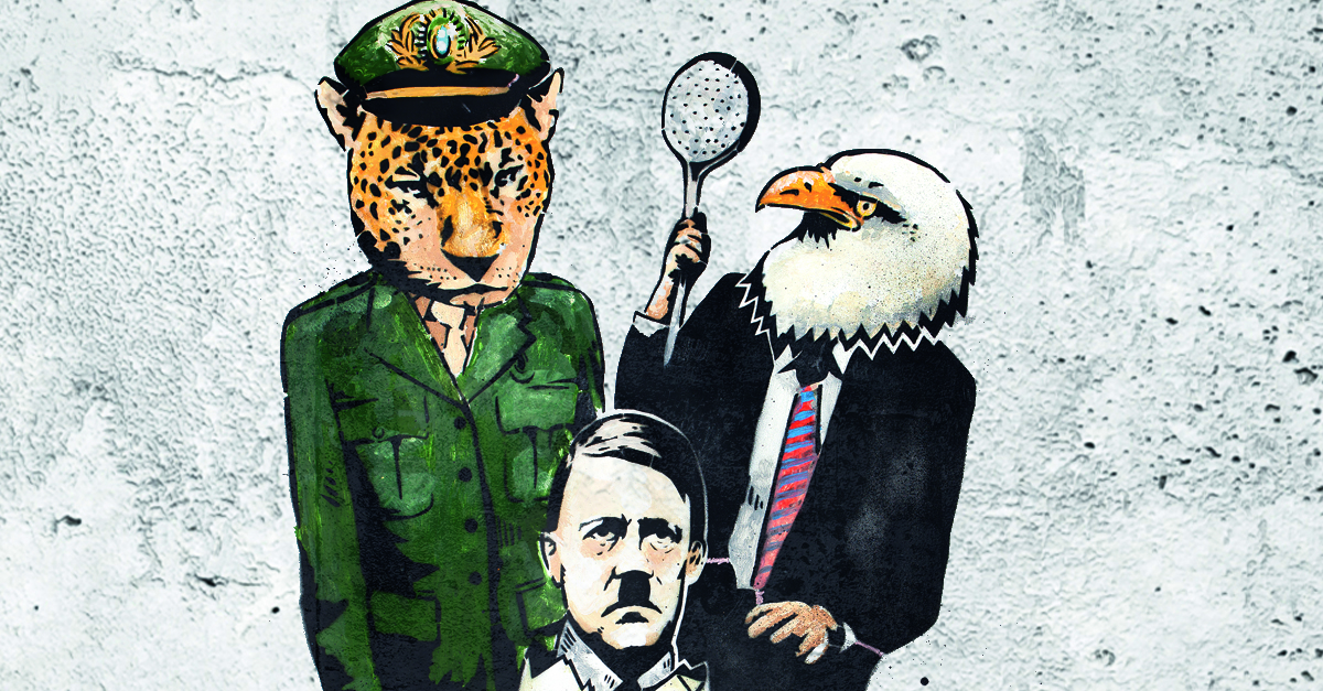 O homem-'guia de terno ao lado de um militar cabeça de onça e, abaixo, a figura de Hitler