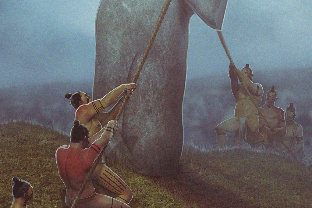 Ilustração de nativos erguendo um moai da Ilha de Páscoa.