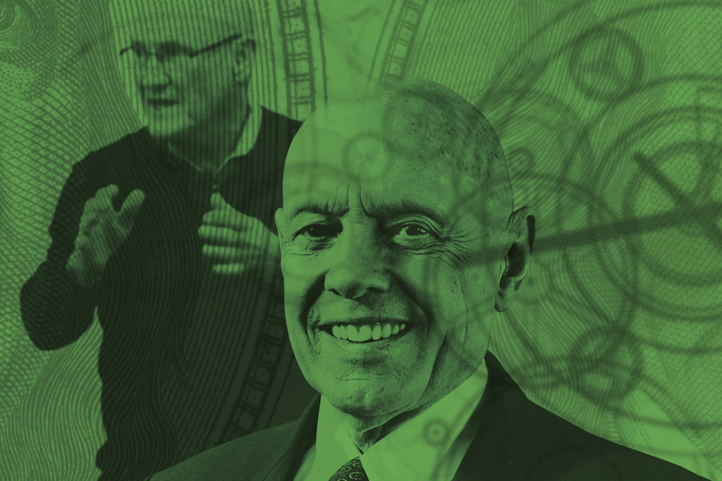 Imagem dos dois gurus: Hyrum Smith e Stephen Covey com um filtro verde