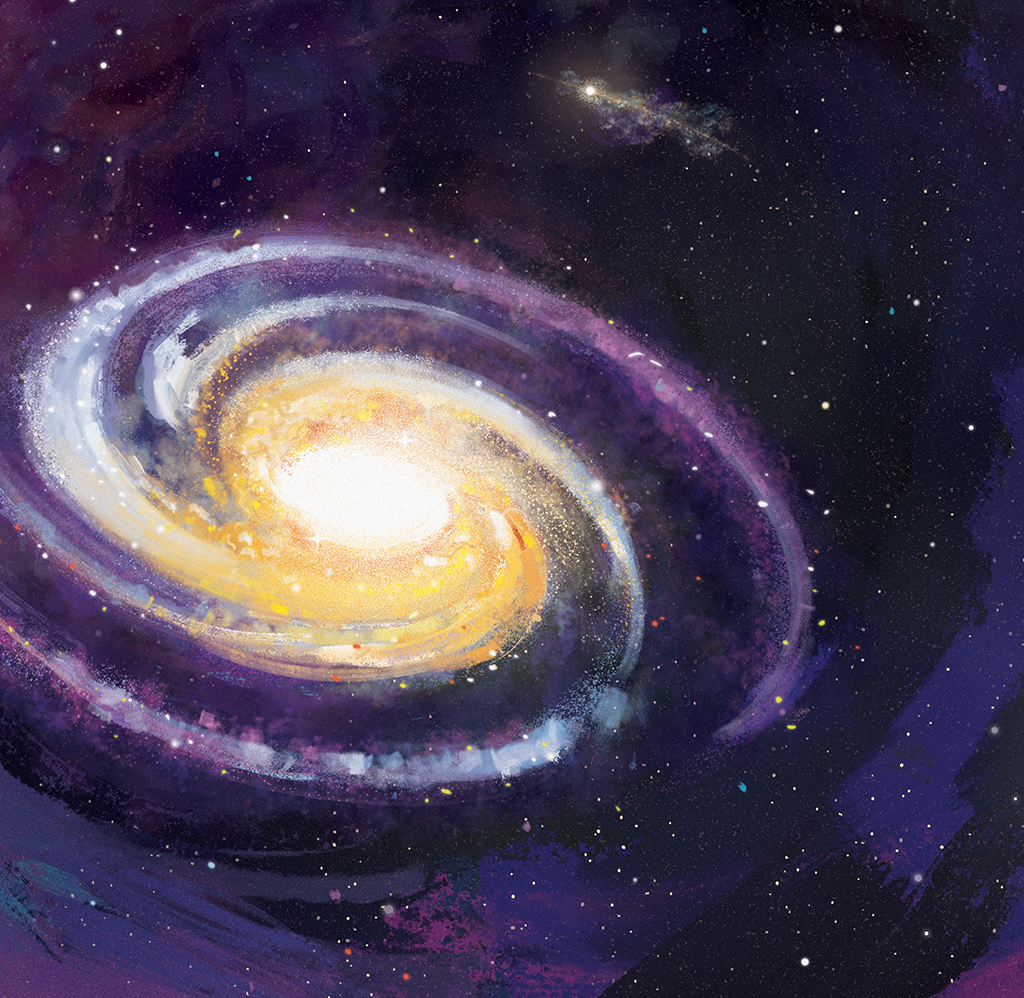 O buraco negro da foto feita pelo projeto Event Horizon Telescope (EHT) fica no centro da galáxia M87, a 53,4 milhões de anos-luz de distância, no canto superior direito da ilustração. A “cauda” à direita é o jato de partículas ejetado pelo turbilhão do buraco negro. O buraco negro da Via Láctea, Sagitário A*, também será fotografado. A Via Láctea está em primeiro plano.