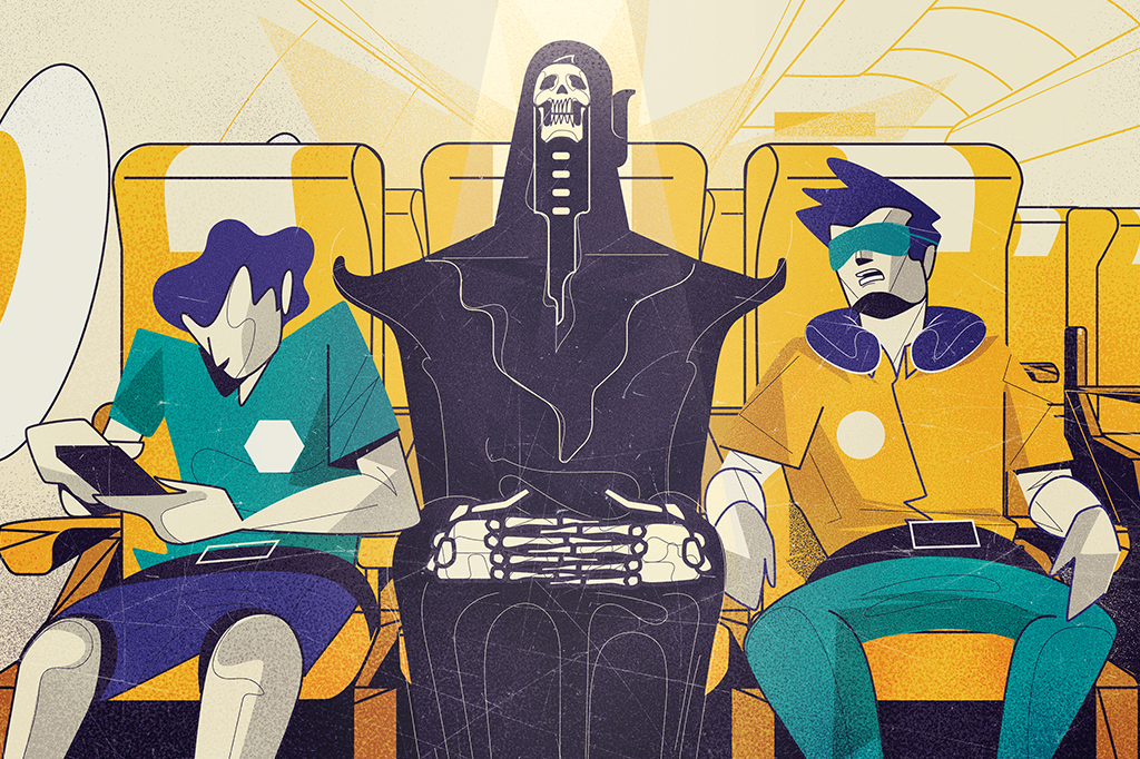 Ilustração da figura da Morte sentada entre dois passageiros em um avião