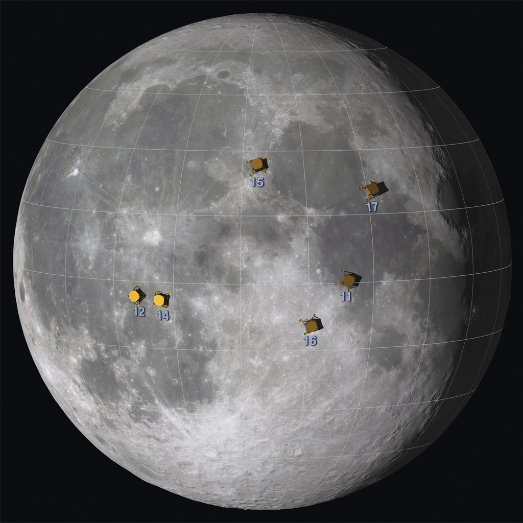 Mapa da Lua com os seis locais de pouso das missões Apollo (11, 12, 14, 15, 16 e 17)