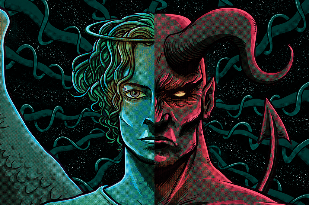 ilustração de um anjo e de um demônio, em suas representações clássicas. Eles ocupam a metade de um rosto cada um.