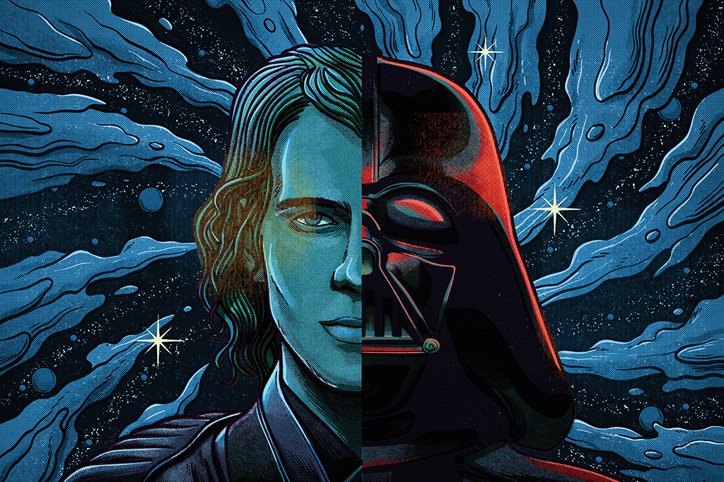 Um rosto dividido em dois. De um lado, o jedi Anakin Skywalker. Do outro, sua contraparte do lado sombrio, Darth Vader