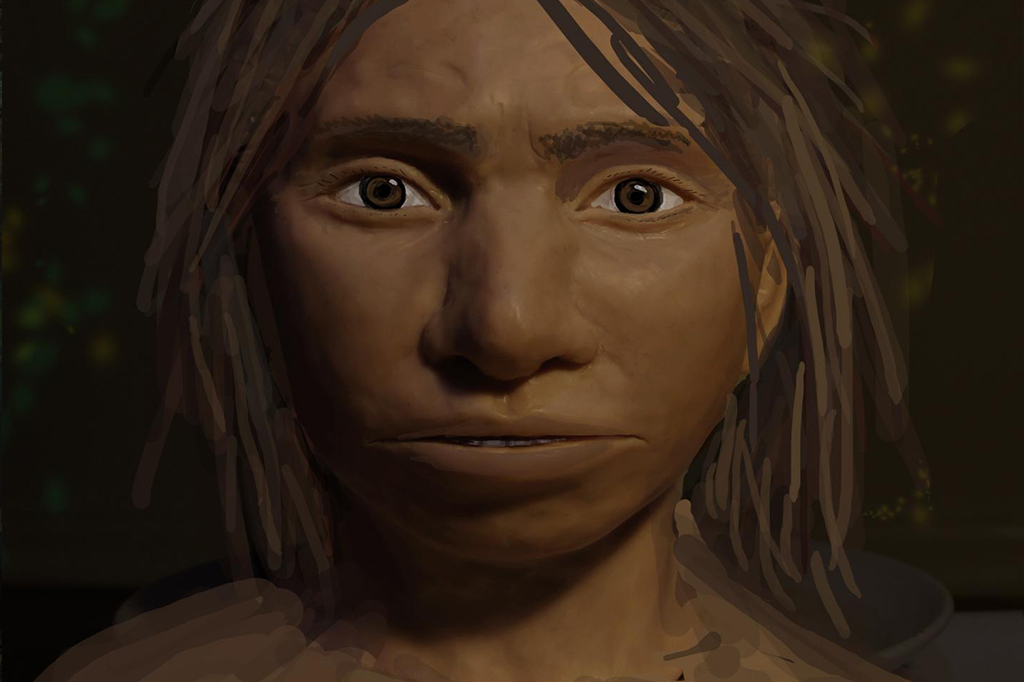 Reconstrução digital de um denisovano, com cabelos e olhos castanhos e pele negra. Sua aparência é quase idêntica a de um ser humano.