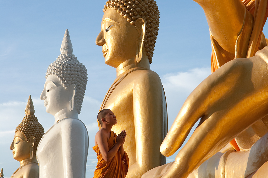 Jovem monge budista próximo a estátuas sagradas