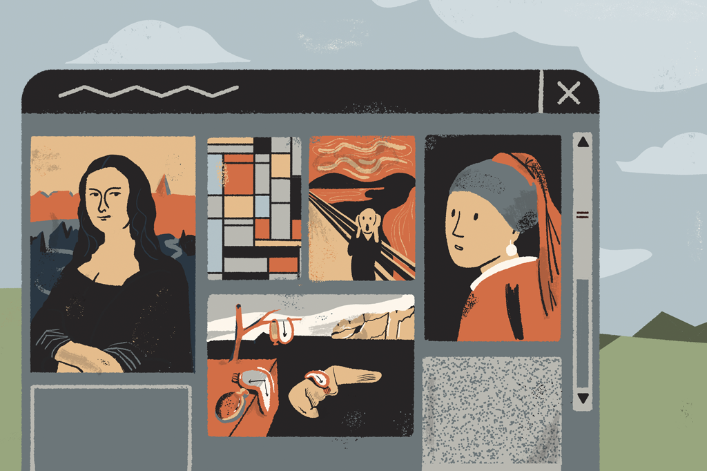 ilustração de uma tela de computador cheia de pinturas famosas, como Monalisa e O Grito