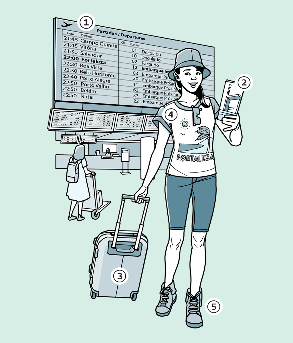 Ilustração de uma mulher com uma mala de rodinhas em frente a um mural com os horários dos voos de um aeroporto