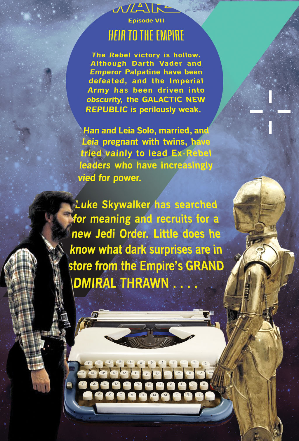 Jovem George Lucas de um lado, C-3PO do outro e, no meio, o texto de abertura do episódio 7, em inglês