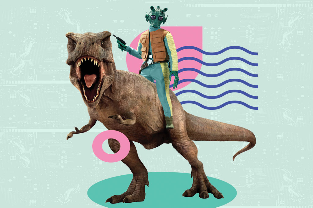 O caçador de recompensas Greedo montado em um T-Rex