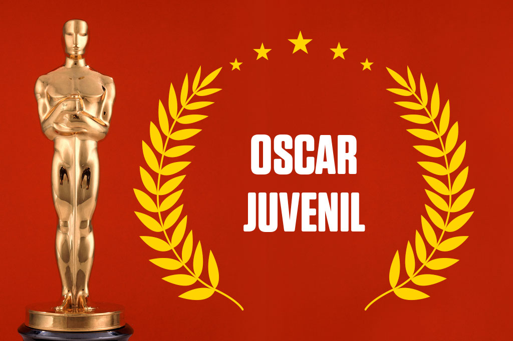 Estatueta do Oscar. Ao lado está escrito "oscar juvenil", em fundo vermelho