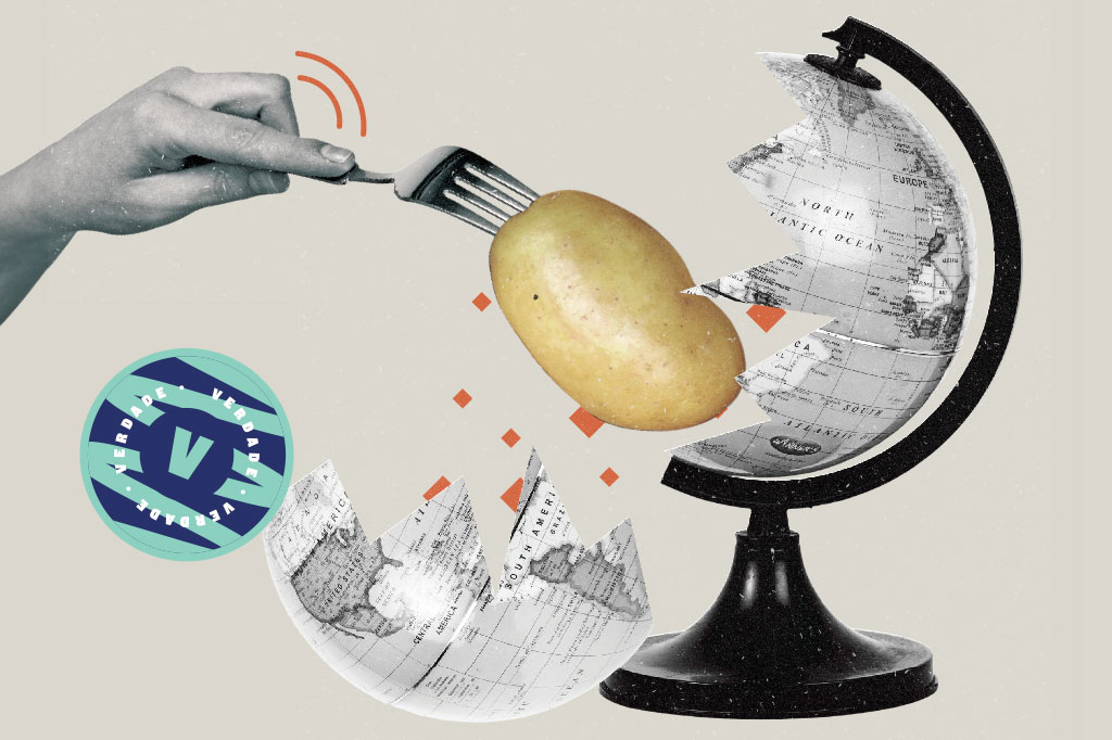 Colagem com imagens: batatas e mapa-mundi.