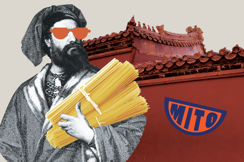 Colagem com imagens: Marco Polo, China e macarrão.