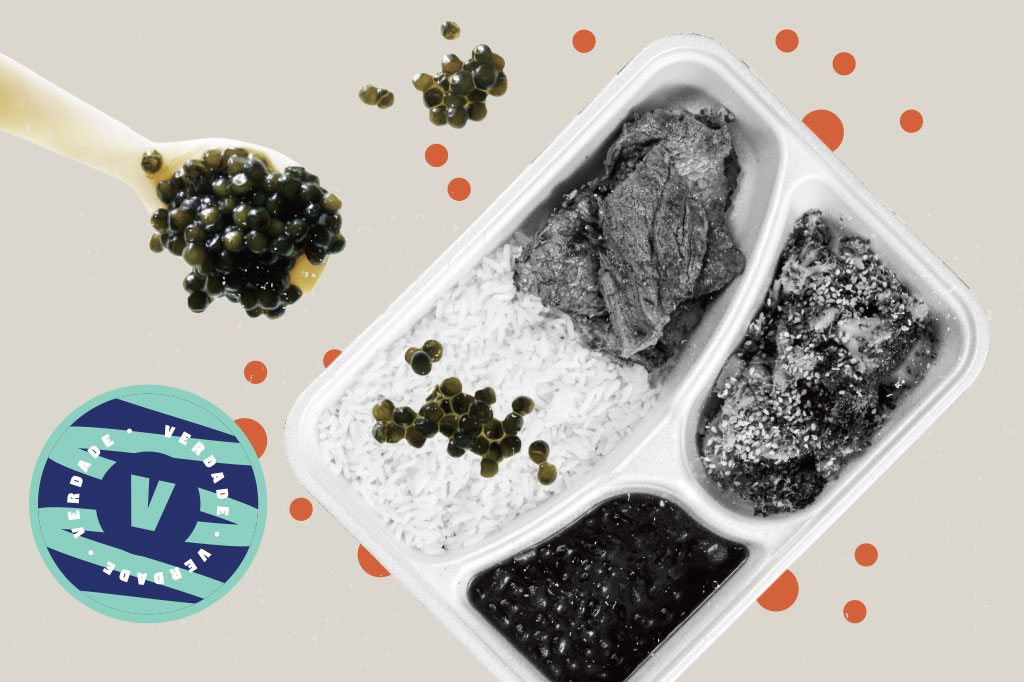 Colagem com imagens: caviar e marmita.