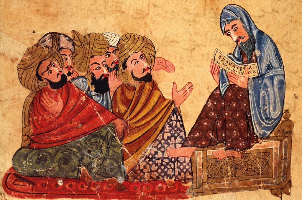 Sócrates discutindo filosofia, em ilustração de um manuscrito turco do século 13.