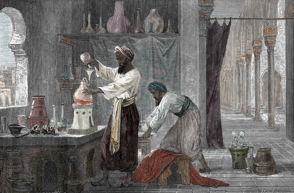 O persa Muhammad ibn Zakariya al-Razi (854-925), precursor do método científico, em seu laboratório.