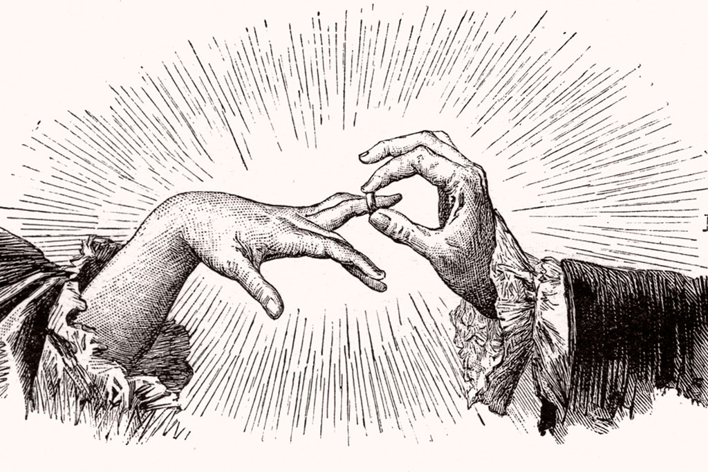 Ilustração sobre a prima noctes, com um homem retirando a aliança de uma mulher